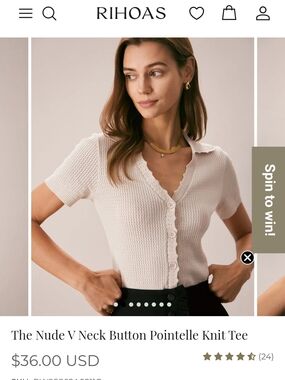 RIHOAS Nude Pointelle V-Neck Button Knit Top
